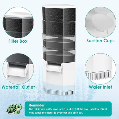 Turtle Aquarium Filter 4-Stage Turtle Filter for Low Water Level Tanks, 265GPH Super Quiet Waterfall Turtle Tank Filter Reptile Filter, Low Water Filters for Turtle Tanks 30-60 Gallon Water