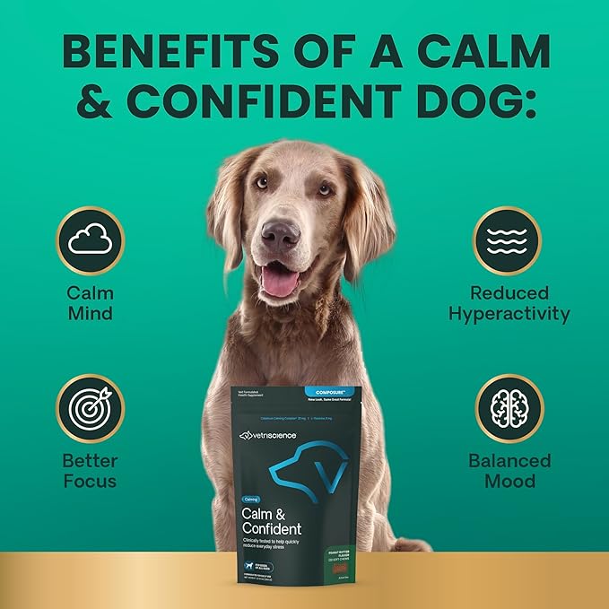 VetriScience Calm & Confident Chews, Composure Clinically Tested Calming and Anxiety Supplement for Dogs, Reduce Stress and Fear, for Thunderstorms, Fireworks and Travel, Peanut Butter, 120 Count