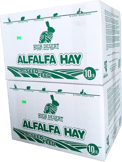 High Desert Alfalfa Hay, Protein Rich Soft Leaf Food for Young Growing Animals, Natural Rabbit Food and Guinea Pig Hay, Supports Digestive Health, Small Pet Supplies, Fresh Hand, Pack of 2, 10 Lb Box