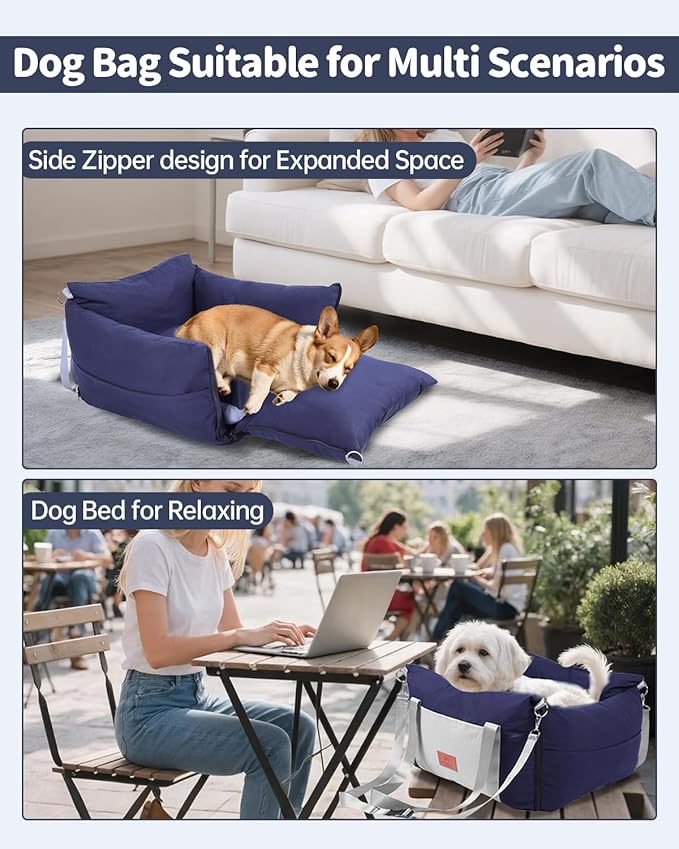 Medium Dog Car Seat for Medium Sized Dogs, Car Seat for Small Dogs with Side Zipper, Waterproof Dog Travel Bed in car with Storage Pockets Up to 25lbs, Memory Foam Filling for Max Support, Dark Blue