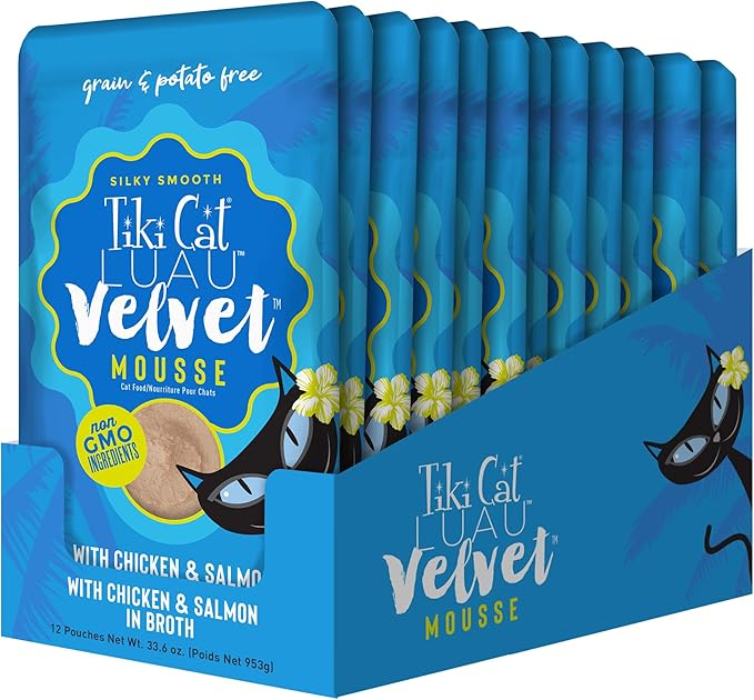 Tiki Cat Luau Velvet Mousse, Chicken & Salmon in Broth, Complete Nutrition for Balanced Diet, Wet Cat Food For All Life Stages, 2.8 oz. Pouch (Pack of 12)