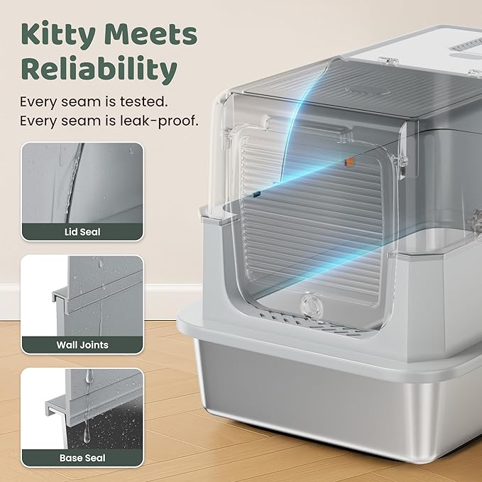 Stainless Steel Litter Box with Lid - XL Enclosed Litter Box for Cats with Collecting Mat - 4 Way Setup Fully Closed, Semi Low, High & Open Kitty Boxes, Leak Proof Metal LitterBox (Light Gray)