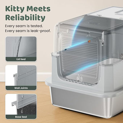 Stainless Steel Litter Box with Lid - XL Enclosed Litter Box for Cats with Collecting Mat - 4 Way Setup Fully Closed, Semi Low, High & Open Kitty Boxes, Leak Proof Metal LitterBox (Light Gray)