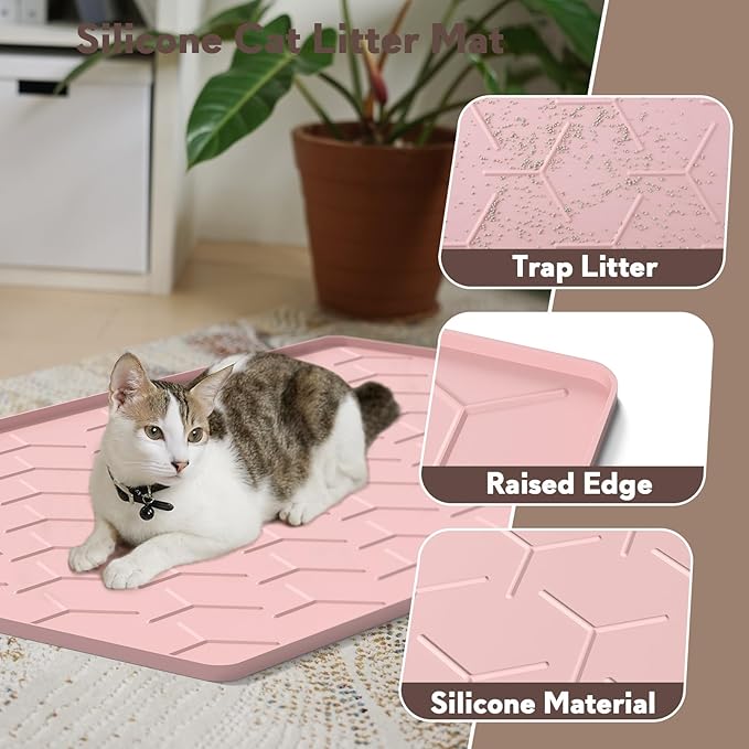 Silicone Cat Litter Trapping Mat, Large Waterproof 34" X 22" Cat Litter Box Mat, Easy to Clean, Pink