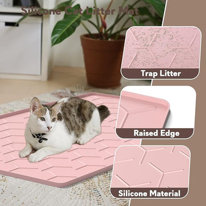 Silicone Cat Litter Trapping Mat, Large Waterproof 34" X 22" Cat Litter Box Mat, Easy to Clean, Pink