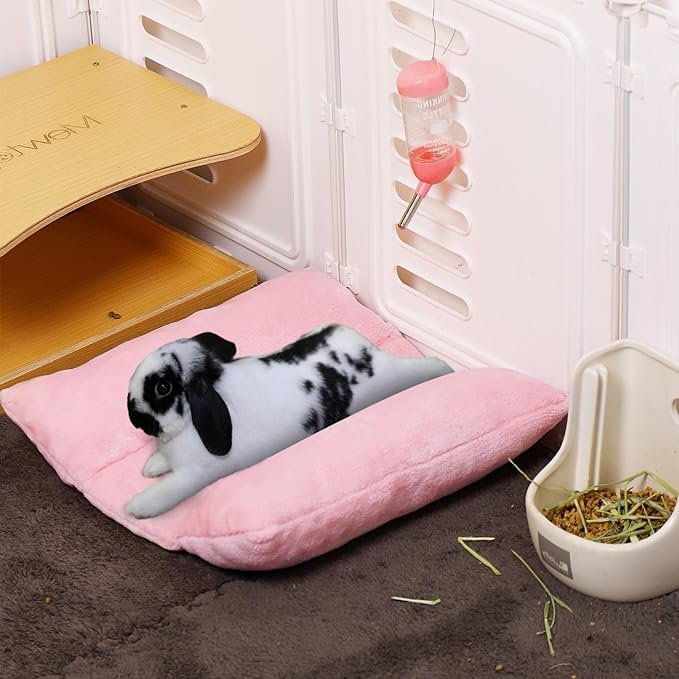 MEWTOGO 13 x 14In Rabbit Bed, Thickened Soft Snuggle Bunny Bed, Cuddle Cushion Plush Mat with Cotton Lounger Pillows, Small Pet Flop Mat for Cage Sleeping Indoor, Pink