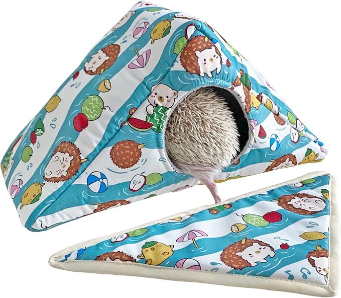 Hedgehog Fleece Corner Hideout Cave Collapsible Pet Play Toy Tunnel Tube Warm House Hidey Hut for Sugar Glider Ferret Hamster Small Animal Beds (Blue/Yellow)