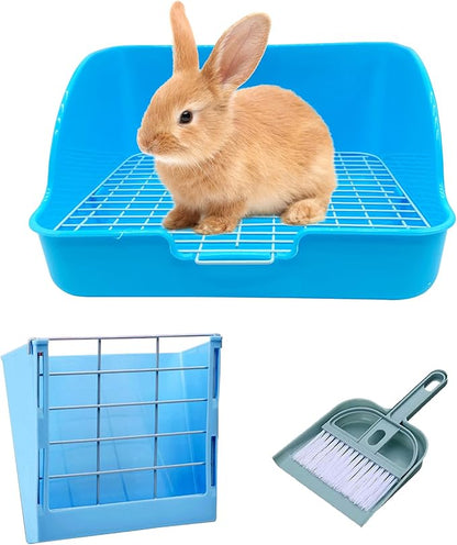 Rabbit Litter Box Bunny Potty Box Guinea Pig Hay Rack Feeder Rabbits Corner Litter Pan Potty Trainer Pet Toilet with Cleaning Set for Hamster, Guinea Pig, Ferret and Other Animals (Blue)