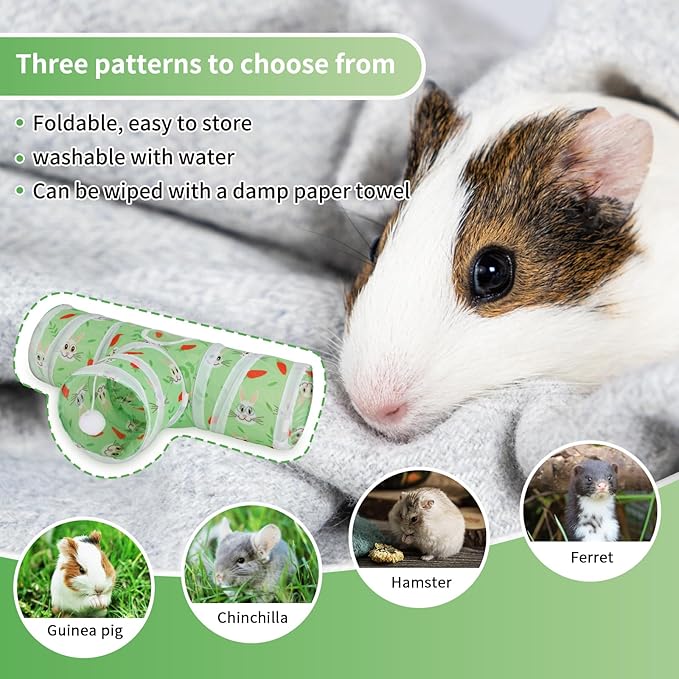 Rypet Guinea Pig Tunnel 3 Way Collapsible Small Pet Tunnels and Tubes with Interactive Ball for Baby Rabbit Ferret Hamster Chinchilla Hedgehog Hiding and Resting-Green