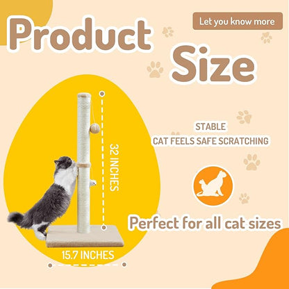 MeowHomm 32” Tall Cat Scratching Posts for Indoor Cats Adults with 2 Hanging Ball, Large Cat Scratch Post Cat Scratcher Includes Sisal Rope(Yellow)