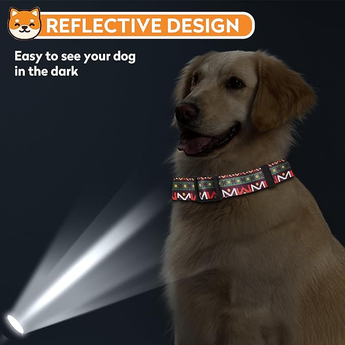 Reflective Dog Collar, Adjustable Soft Neoprene Padded Nylon Pet Collars with Buckle for Puppy and Small Dogs, Cats, Retro Geometric Flowers,L