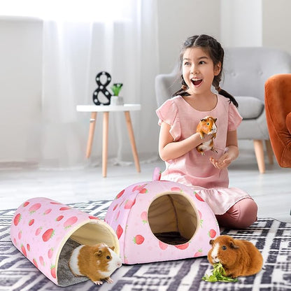 Bienbee Guinea Pig Hideout, Washable Rabbit Bed with Guinea Pig Tunnel, 2 Pack Guinea Pigs Toys Set Bunny Hideout Cage Accessories for Hamster Ferret Rabbits Bunny,Pink Strawberry