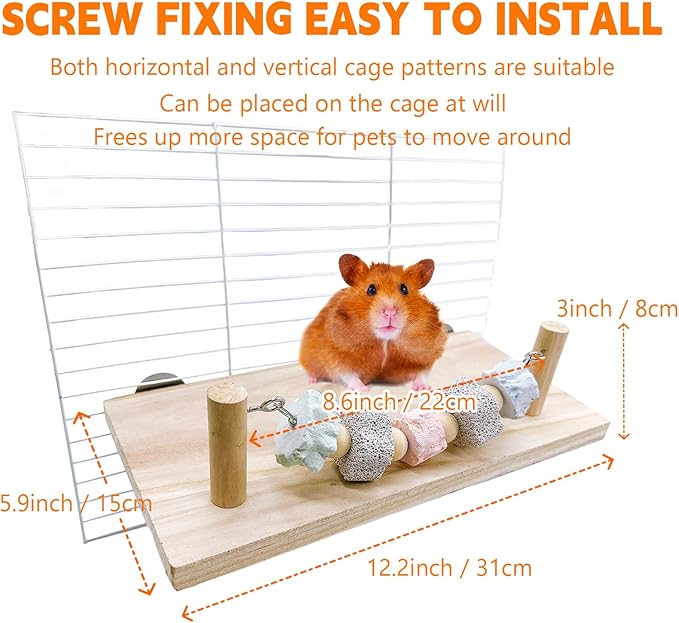 Hamster Wood Ledge Platform with Lava Stone Block Chew Toys Pet Cage Resting Wooden Shelf for Chinchilla Guinea Pig Gerbil Mouse Dwarf Hamster Cage Accessories