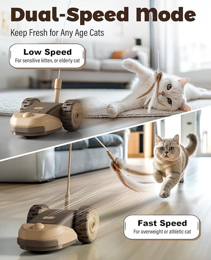 CYROS 3-in-1 Interactive Cat Toy - 2-Speed Automatic Moving Mouse Cat Toys Self Play with 2pcs Hanging Feather String Ribbon and Wiggly Silicone Mice Tail for Bored Indoor Adult Cats Kittens