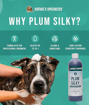 Nature's Specialties Plum Silky Ultra Concentrated Dog Shampoo Conditioner, Makes up to 3 Gallons, Natural Choice for Professional Pet Groomers, Silk Proteins, Made in USA, 16oz