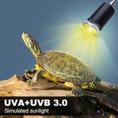 Reptile Heat Lamp, UVA UVB Light for Aquarium Turtle Tank, with 2 * 50w Basking Bulb and 360° Swivel Clamp Stand for Tortoise, Snake, Frog, Lizard, Cockatoo, Chameleon. Halogen, Yellow Light