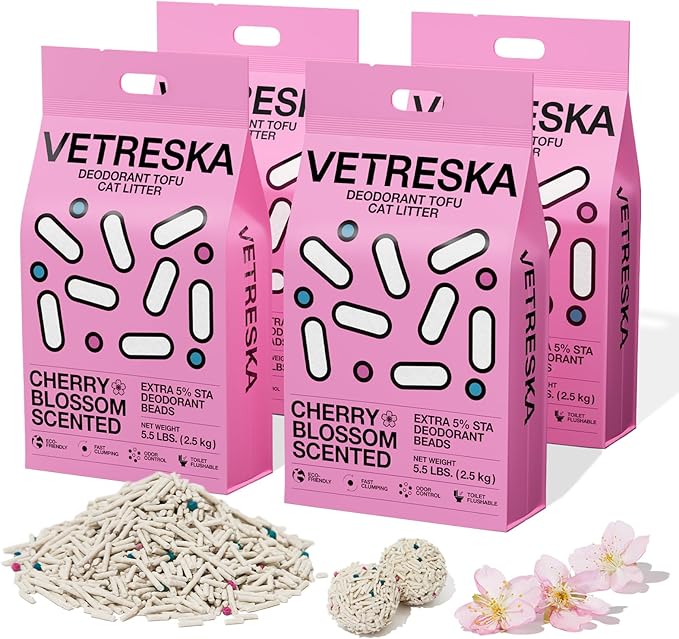 VETRESKA Cherry Blossom Tofu Cat Litter,Natural Pretty Kitty Litter Strong Clumping Flushable Cat Litter Pellets Ultra Absorbent,Dust-Free,Low Tracking,Deodorant Tofu Litter Compostable(5.5lb×4bags)
