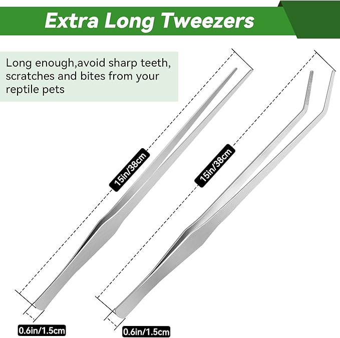 Long Aquarium Tweezers 15 inch - 4 Pcs Stainless Steel Crafts Tweezer Curved & Straight Design with No Slip Tips, Reptile Feeding Tongs, Terrarium Aquascape Tools Snake Bearded Dragon Tank Accessories