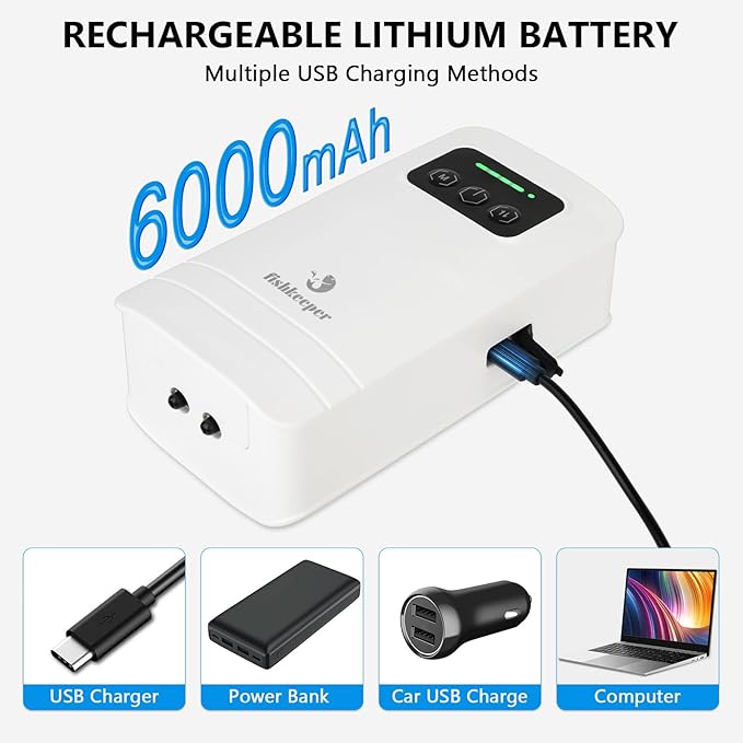 fishkeeper Battery Powered Aquarium Air Pump, USB Rechargeable Aerator Fish Tank Air Pump for 10-210 Gallons Portable Oxygen Pump for Outdoor Fishing, Power Outages and Emergency (6W 110GPH)