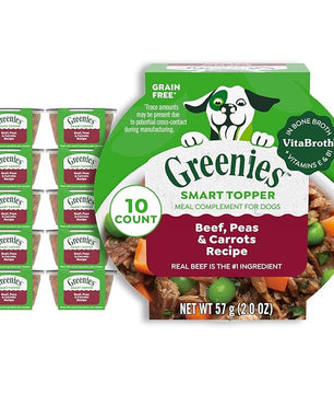 Greenies Smart Topper High Protein Wet Mix-in for Dogs, Beef, Peas & Carrots Recipe in Vitabroth Broth - Bone Broth + Vitamins E & B1, 10 Count