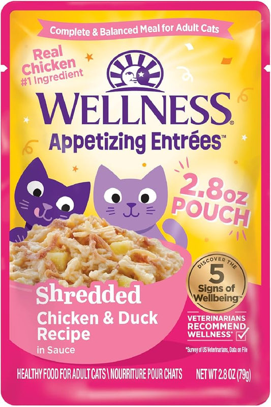 Wellness Appetizing Entrées Shredded Adult Wet Cat Food, Natural, Protein-Rich, Grain Free, 2.8 Ounce Pouch, 8 Pack (Chicken & Duck Recipe)