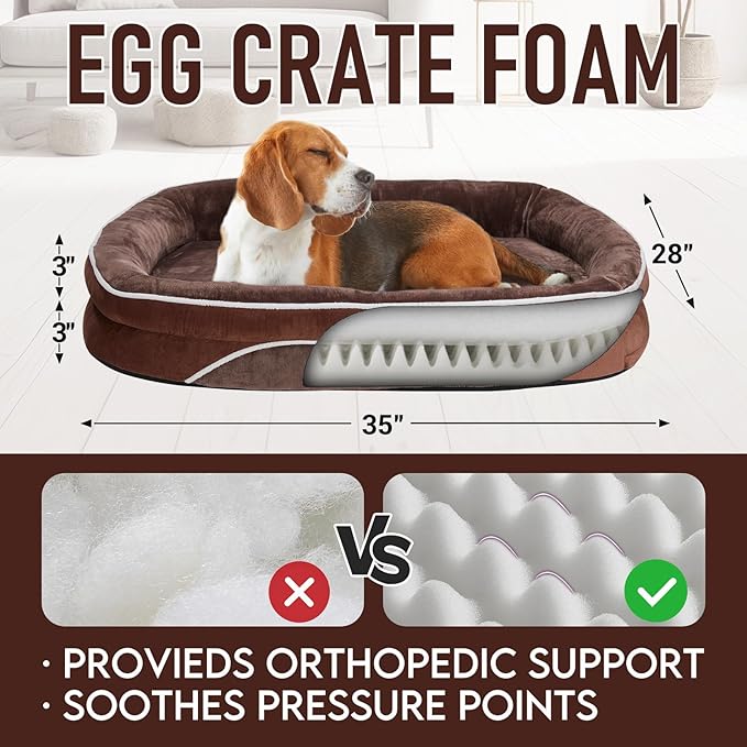 OhGeni Orthopedic Dog Couch Pet Sofa Large Sized Cat Beds with Comfort Foam Support, Soft Comfortable Fabric, Machine Washable Waterproof Removable Cover, 35-Inch (Brown)