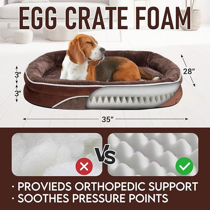 OhGeni Orthopedic Dog Couch Pet Sofa Large Sized Cat Beds with Comfort Foam Support, Soft Comfortable Fabric, Machine Washable Waterproof Removable Cover, 35-Inch (Brown)