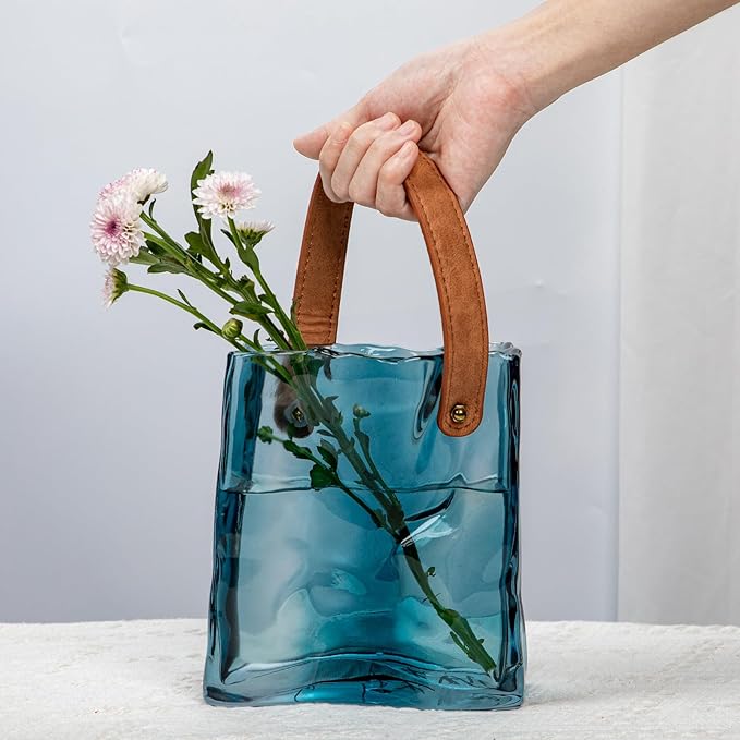 Glass Purse Vase for Flowers Deep Sea Blue Vases for Centerpieces Glass Bag Vase with Leather Handle Small Bag Vases for Decor Decorative Fish Bowl for Home Wedding Decor