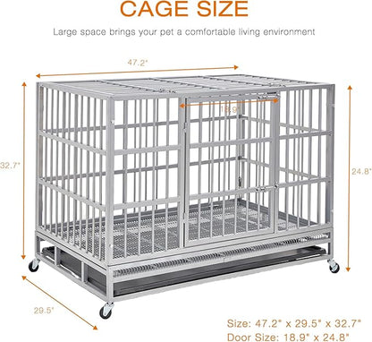 48 Inch Heavy Duty Dog Crate Cage Kennel with Wheels, Indestructible High Anxiety Dog Crate, Sturdy Locks Design, Double Door and Removable Tray Design, Extra Large XL XXL Dog Crate