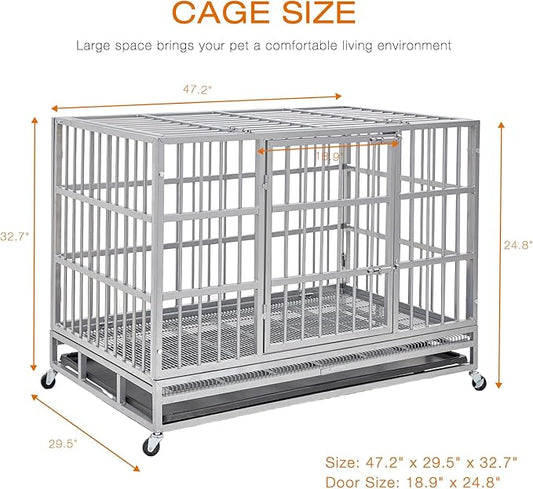 48 Inch Heavy Duty Dog Crate Cage Kennel with Wheels, Indestructible High Anxiety Dog Crate, Sturdy Locks Design, Double Door and Removable Tray Design, Extra Large XL XXL Dog Crate