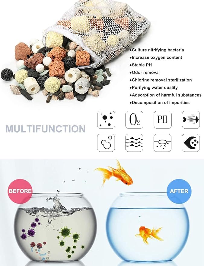 GOLDEAL Bio Balls Ceramic Rings Set, Aquarium Biological Filter Media with Mesh Bag for Fish Tank and Pond, Fish Tank Filter, Decorations, Accessories (2Pack,2.2lb)