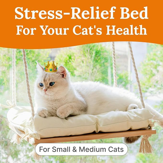 Cat Window Perch - Hammock Bed for Cats Inside - Solid Wood Seat, 4 Strong Suction Cups, Soft Cushion - Rustic Indoor Pet Shelf