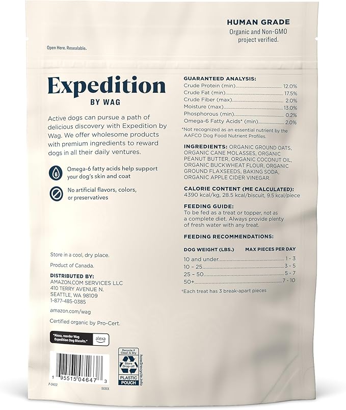 Amazon Brand - Wag Expedition Human Grade Organic Biscuits Dog Treats, Non-GMO, Peanut Butter, 10oz