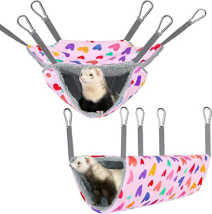 Bienbee 2 Pcs Ferret Rat Hammock Set for Cage Washable Guinea Pig Hideout Bed Soft Small Animal Hammock Tunnel Toys Ferret Cage Accessories for Hedgehog Sugar Glider Squirrel Hamster, Pink Hearts