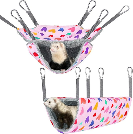 Bienbee 2 Pcs Ferret Rat Hammock Set for Cage Washable Guinea Pig Hideout Bed Soft Small Animal Hammock Tunnel Toys Ferret Cage Accessories for Hedgehog Sugar Glider Squirrel Hamster, Pink Hearts