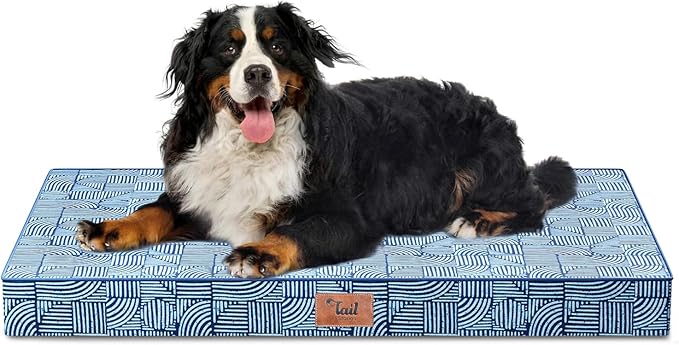 Outdoor Extra Large Dog Crate Bed, Big Waterproof Dog Bed for Large Dogs, Orthopedic Egg Foam XXL Pet Mat with Removable Cooling Cover, White Blue