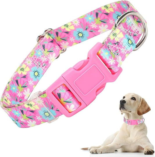 Girl Dog Collars for Large Dogs, Cute Girl Pink Dog Collar with Boho Flowers Patterns, Adjustable Comfy Soft Durable Pet Collar for XS Small Medium Large Extra Large Dogs (XL)