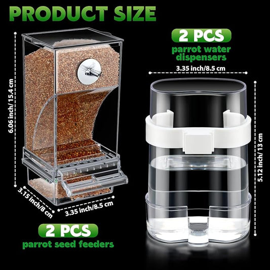 Yaomiao 4 Pcs No Mess Bird Feeders Automatic Parrot Water Dispenser Clear Quail Feeder and Watered Cage Accessories for Small and Medium Parrot Cockatiel Canary(Assorted,Transparent)