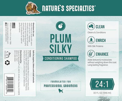 Nature's Specialties Plum Silky Ultra Concentrated Dog Shampoo Conditioner, Makes up to 6 Gallons, Natural Choice for Professional Pet Groomers, Silk Proteins, Made in USA, 32 oz