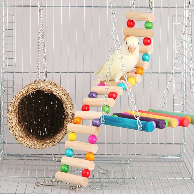 Hamiledyi Hamster Hanging Hammock Basket 3 Piece Wooden Rat Ladder Swing Set Cage Clmbing Toys for Syrian Hamster Sugar Glider Bird Mice Playing Sleeping