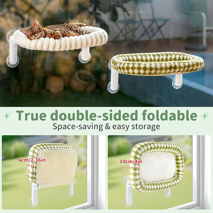 Sunhoo Cat Window Perch Bed Foldable Kitty Windowsill Hammock Shelf Seat Large Cats Suction Cup Indoor Kitten Window Sill Lounger with Soft Plush Cushion Machine Washable 21.26 * 11.8in (Green, M)