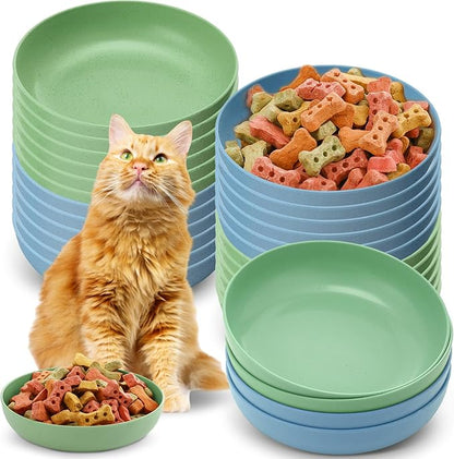 Tioncy 24 Pcs Fatigue Relief Cat Bowl 5.5 Inch Shallow Cat Food Dish Wide and Small Pet Wet Plate Wide Stray Wet Feeding Bowl for Ferrets Feral Short Legged Kitten, Wheat Straw(Blue,Green,Classic)