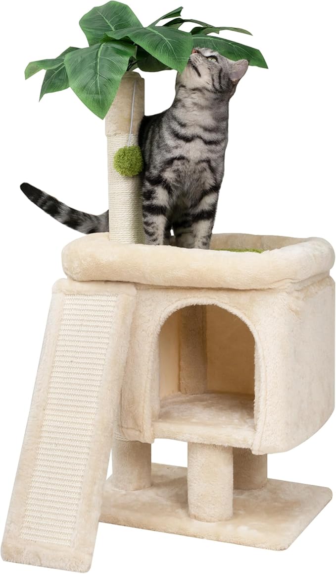 Meowoou Palm Cat Tree Tower for Indoor Cats with Cozy Cat Condo, 33'' Natural Sisal Scratching Posts and Plush Pom-pom for Small Kitty