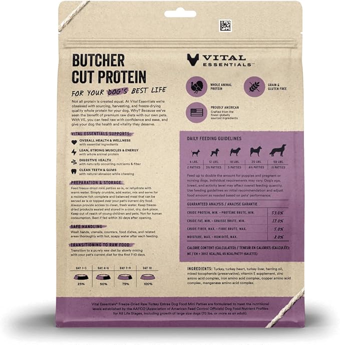 Vital Essentials Freeze Dried Raw Dog Food, Turkey Mini Patties Entree, 14 oz