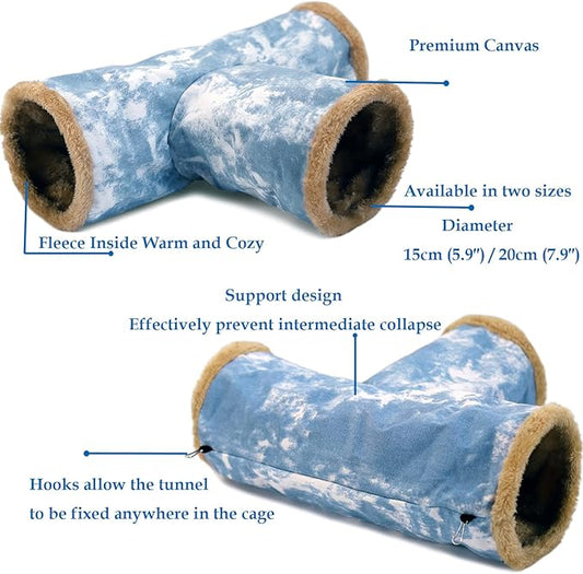 LeerKing Guinea Pig Tunnel 3 Way, Small Animal Hideout Toy Washable Canvas Fleece Tube Play Tunnel for Rats Ferret Bunny Gerbil Sugar Glider Chinchilla, Blue