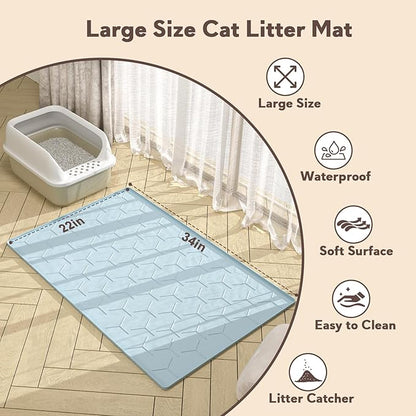 Silicone Cat Litter Trapping Mat, Large Waterproof 34" X 22" Cat Litter Box Mat, Easy to Clean, Blue