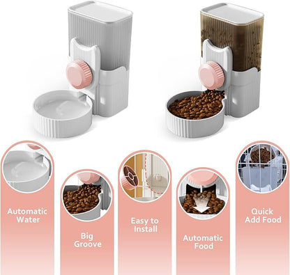 Hanging Cage Automatic Food Water Dispenser, Detachable Auto Gravity 1L Self-Feeding Feeder and Waterer Set, Crate Auto Feeder Dish for Puppy Cats Ferret Bunny Guinea Pig Small Pets (Pink)