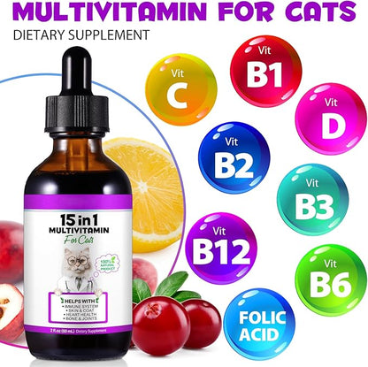 Cat Multivitamin, 15 in 1 Cat Vitamins Liquid Drops, Supports Immune Health, Promotes Joint, Skin and Coat Health, Cats Vitamin and Supplements with Glucosamine & Cranberry 2 fl oz