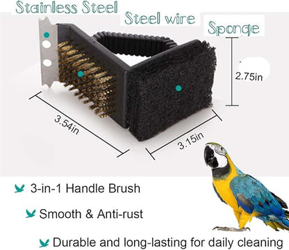 QBLEEV Bird Cage Cleaner, Bird Cage Cleaning Brushes, Multi-Function Stainless Steel Triangle Bird Cage Brush Set, Birdcage Cleaner Poop Off Scrub Brush Kit for Cleaning Bird Cage Perch Kennel