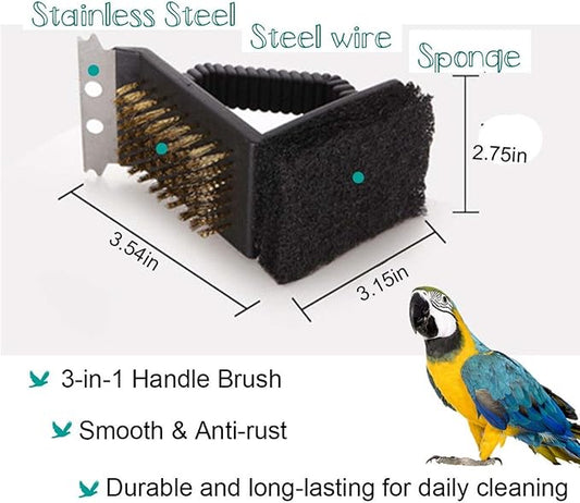 QBLEEV Bird Cage Cleaner, Bird Cage Cleaning Brushes, Multi-Function Stainless Steel Triangle Bird Cage Brush Set, Birdcage Cleaner Poop Off Scrub Brush Kit for Cleaning Bird Cage Perch Kennel